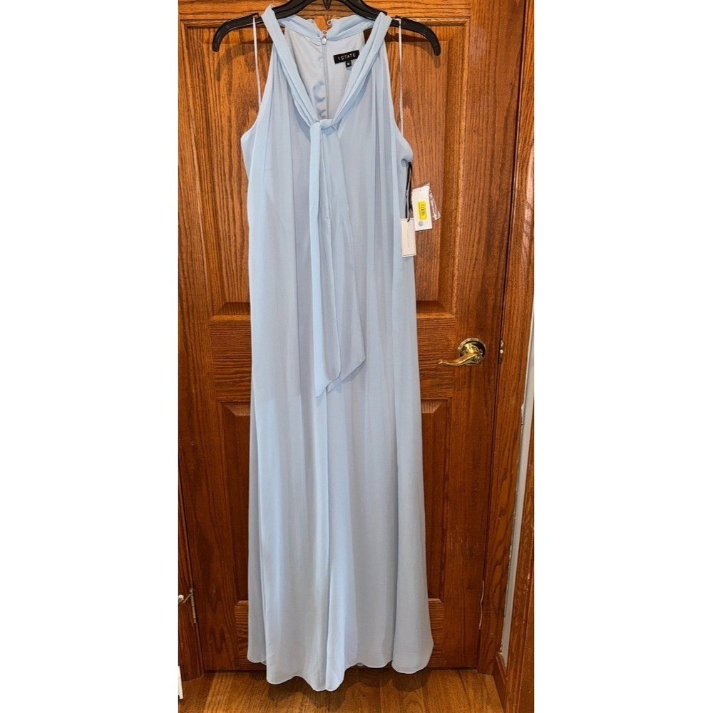 NWT 1.state Sleeveless Tie Neck Wide Leg Jumpsuit Blue Medium zip